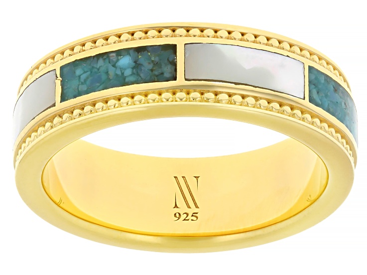 Pre-Owned White Mother-of-Pearl With Composite Mosaic Turquoise 18k Yellow Gold Over Sterling Silver