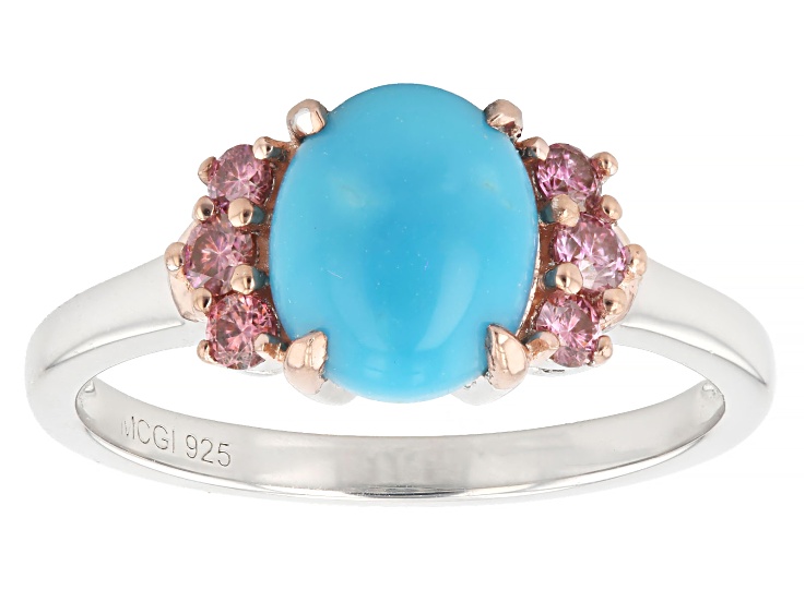 Pre-Owned Sleeping Beauty Turquoise & Pink Moissanite Rhodium &18K Rose Gold Over Silver Ring 0.46ct