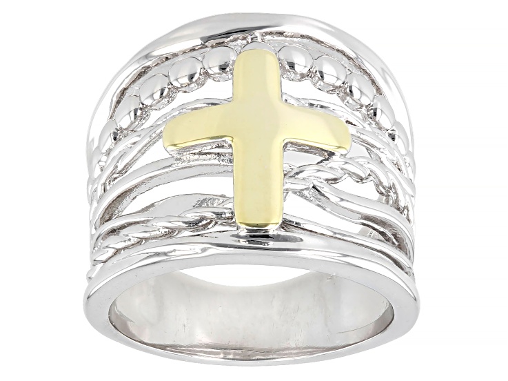 Pre-Owned Rhodium & 18K Yellow Gold Plated Cross Multirow Ring