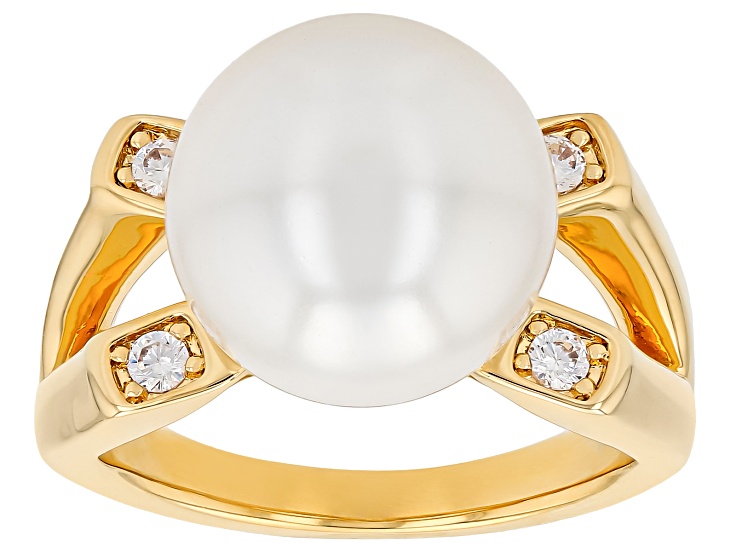 Pre-Owned PearlfectionÂ® White South Sea Simulant With 1.00ctw Cubic Zirconia 18K Yellow Gold Plated