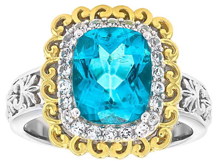 Pre-Owned Blue Paraiba Color Topaz With White Topaz Rhodium & 18K Yellow Gold Over Silver Ring 3.34c