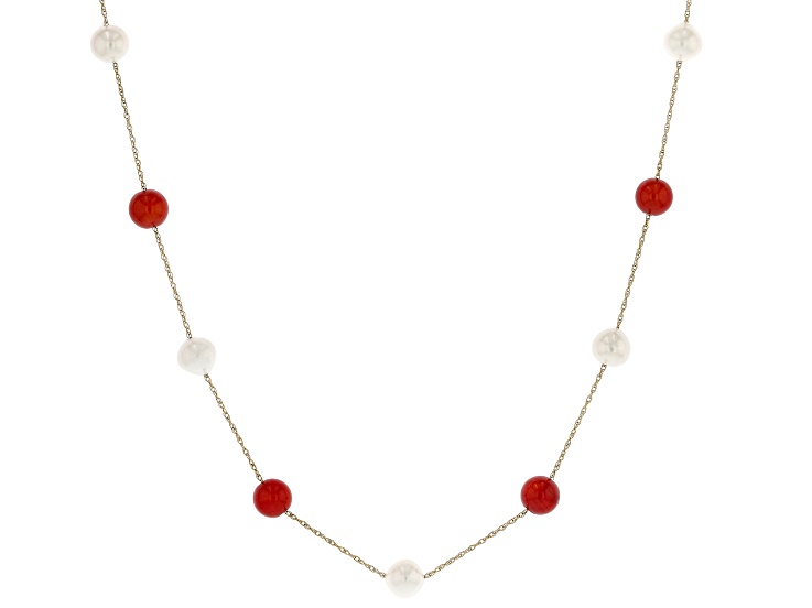 Pre-Owned Cultured Freshwater Pearl With Coral 14k Yellow Gold Necklace