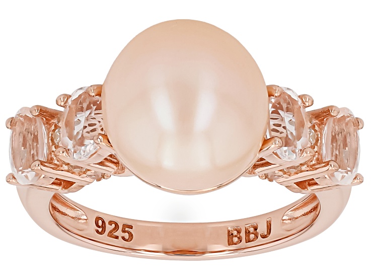 Pre-Owned Peach Cultured Freshwater Pearl With 0.64ctw Morganite & Zircon 18k Rose Gold Over Silver