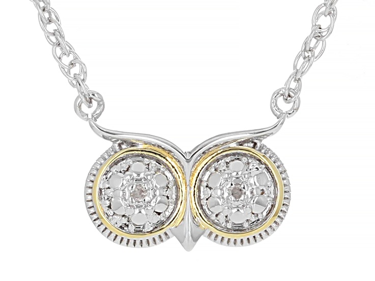 Pre-Owned White Diamond Accent Rhodium & 14k Yellow Gold Over Brass Owl Necklace
