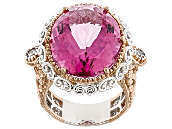 Picture of Pre-Owned Pink Topaz, White Zircon Rhodium & 18k Rose Gold Over Palladium Sterling Silver Ring 21.73