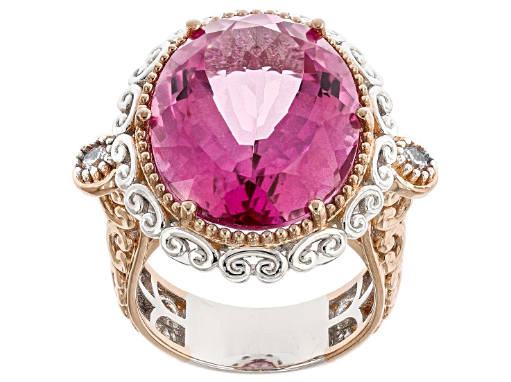 Pre-Owned Pink Topaz, White Zircon Rhodium & 18k Rose Gold Over Palladium Sterling Silver Ring 21.73