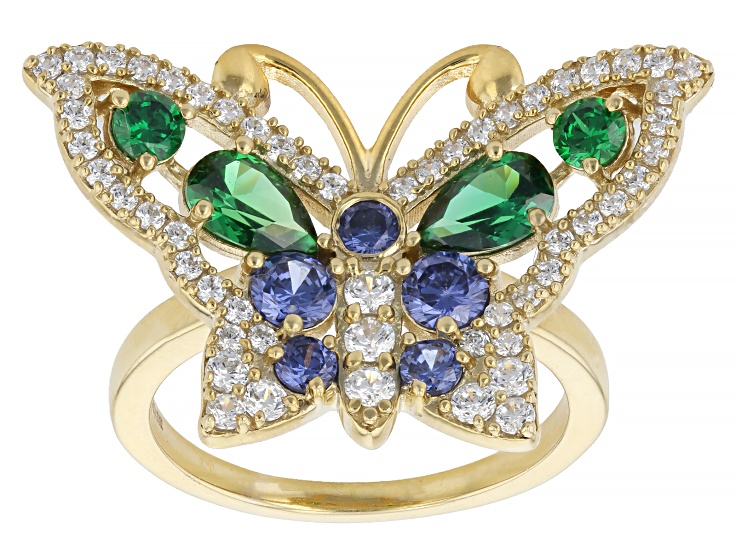 Pre-Owned Blue, Green, And White Cubic Zirconia 18k Yellow Gold Plated Ottone Butterfly Ring