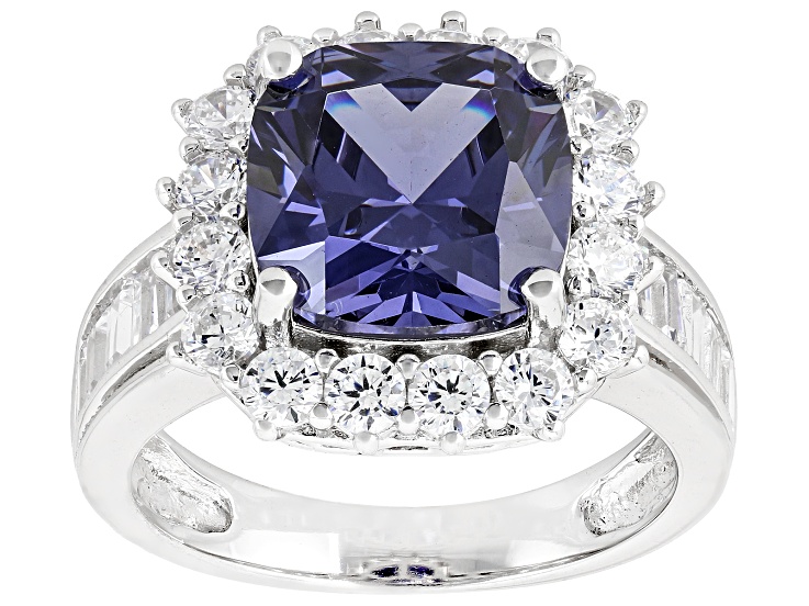 Pre-Owned Blue And White Cubic Zirconia Rhodium Over Sterling Silver Ring 9.38ctw