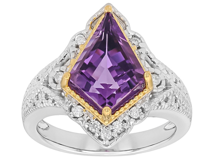 Pre-Owned Purple Canela Amethyst with White Moissanite Rhodium & 18K Yellow Gold Over Silver Ring 3.