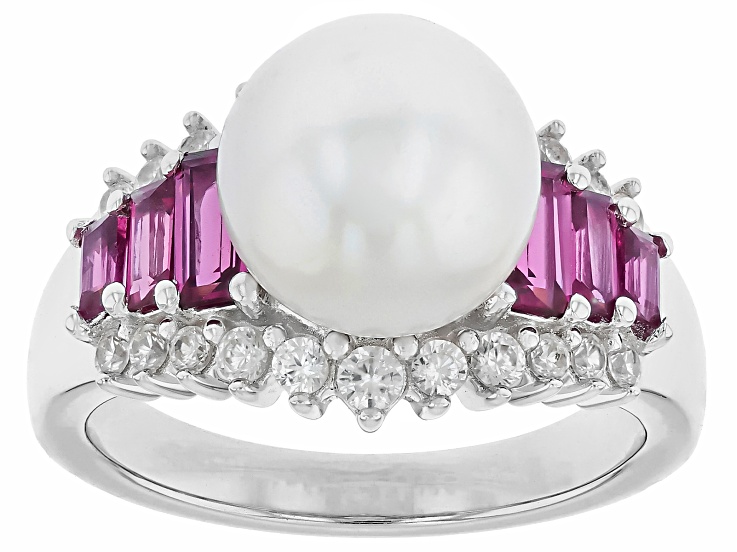 Pre-Owned White Cultured Freshwater Pearl with Rhodolite and Zircon Rhodium Over Sterling Silver Rin