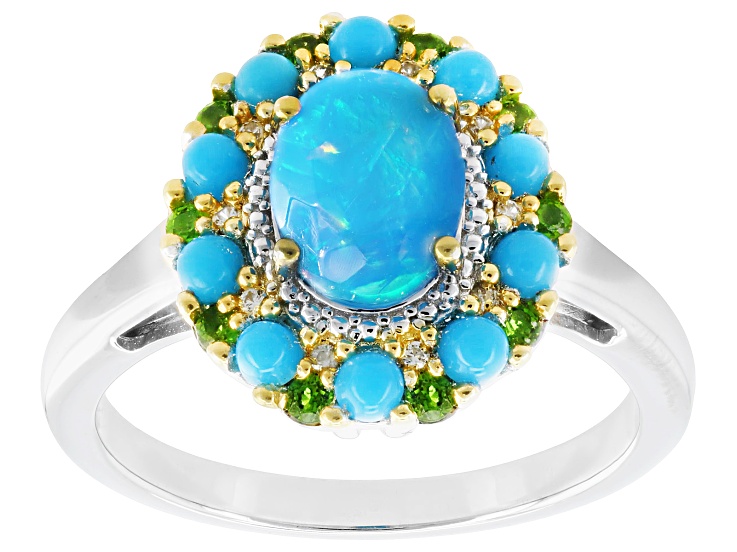 Pre-Owned Paraiba Blue Ethiopian Opal Rhodium Over Sterling Silver Halo Ring