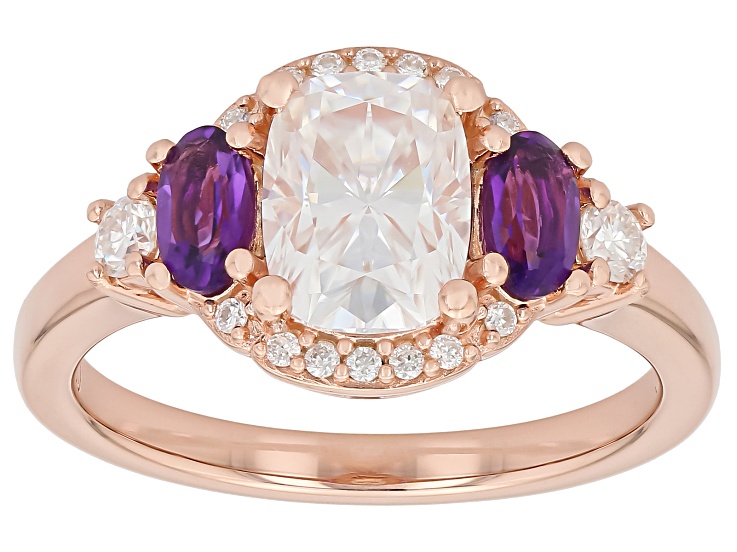 Pre-Owned Moissanite And African Amethyst 14K Rose Gold Over Sterling Silver Ring 1.66ctw DEW