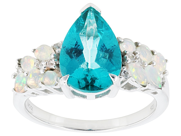 Pre-Owned Paraiba Color Topaz With Ethiopian Opal & White Topaz Rhodium Over Silver Ring 3.65ctw