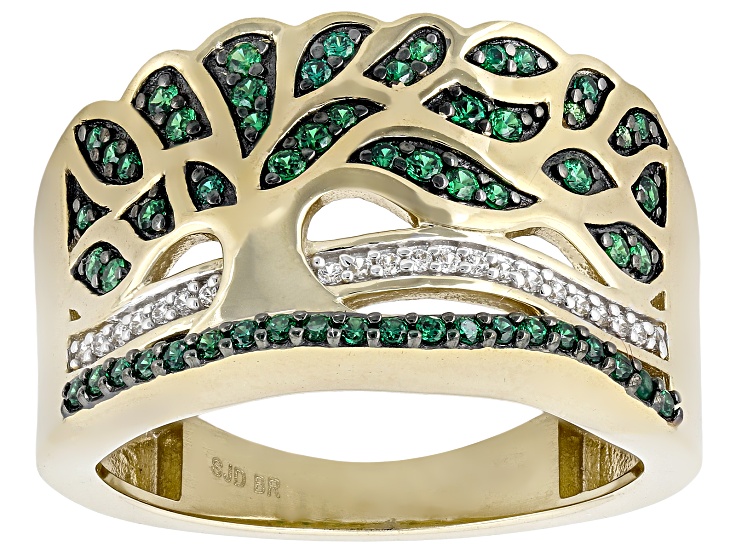 Pre-Owned Green And White Cubic Zirconia 18k Yellow Gold Plated Tree Ring 0.50ctw