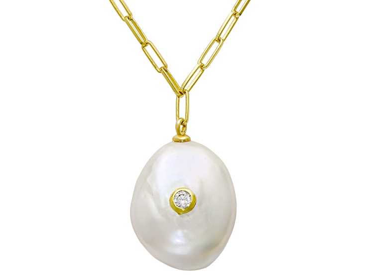 Pre-Owned Genusisâ„¢ White Cultured Freshwater Pearl With Cubic Zirconia 18K Gold Over Silver Pendant
