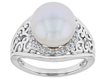 Picture of Pre-Owned White Cultured Freshwater Pearl with White Zircon Rhodium Over Silver Ring 0.36ctw