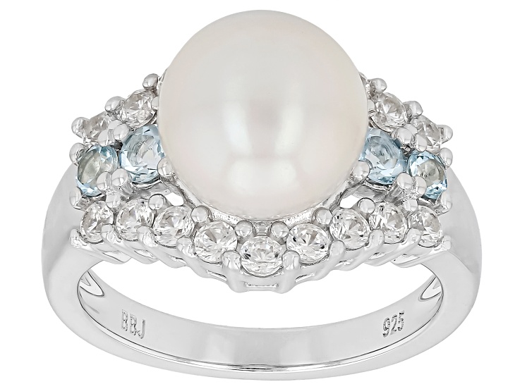 Pre-Owned White Cultured Freshwater Pearl with Aquamarine& Zircon Rhodium Over Sterling Silver Ring