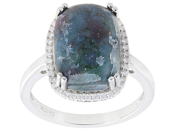 Pre-Owned Ruby in Kyanite with White Moissanite Rhodium Over Sterling Silver Ring 0.16ctw