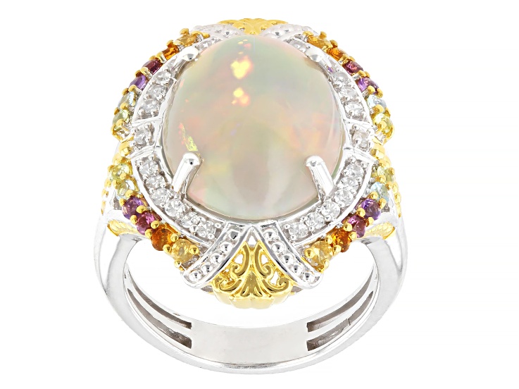 Pre-Owned Ethiopian Opal with Multi Gemstone Rhod/24k Gold Over Palladium Sterling Silver Ring 0.67c