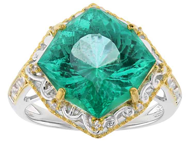 Pre-Owned Emerald Glow Topaz with White Zircon Rhodium and 18K Yellow Gold Over Silver Ring 5.28ctw