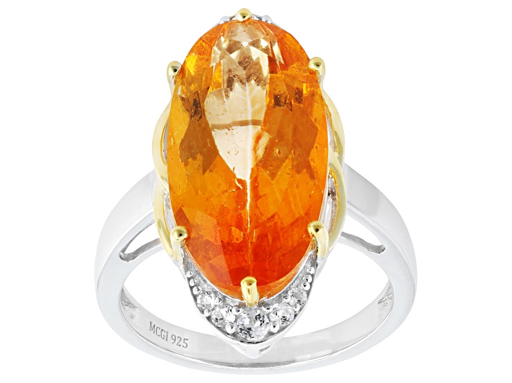 Pre-Owned Mandarin Orange Topaz with White Topaz Rhodium Over Sterling Silver Two-Tone Ring 8.26ctw