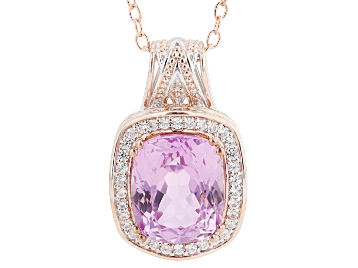 Pre-Owned Kunzite & Zircon Halo Rhodium/18k Rose Gold Over Palladium Silver Pendant With Chain 7.35c