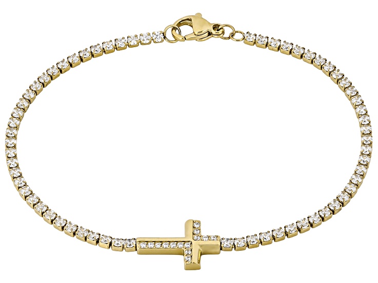 Pre-Owned White Cubic Zirconia 14K Yellow Gold Over Stainless Steel Cross Tennis Bracelet 4.02ctw