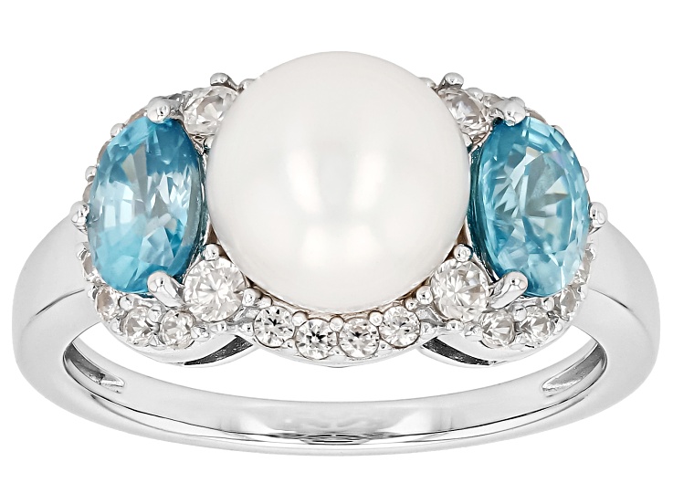 Pre-Owned White Cultured Freshwater Pearl With Blue and White Zircon Rhodium Over Sterling Silver Ri