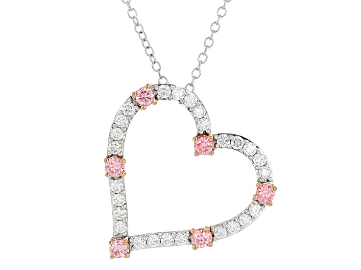 Pre-Owned Pink and White Lab-Grown Diamond H SI1 Rhodium Over Sterling Silver Heart Pendant With Cha