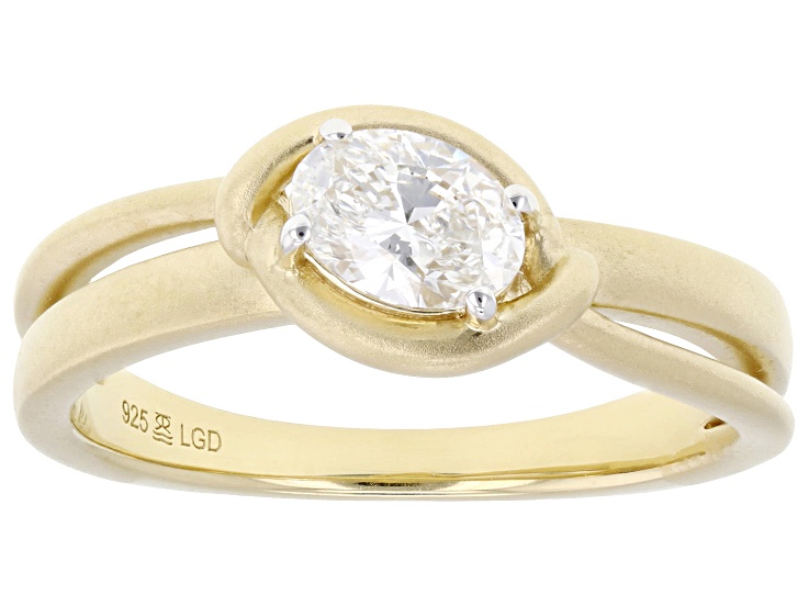 Pre-Owned Oval White Lab-Grown Diamond H SI 14K Yellow Gold Over Silver Satin Finish Solitaire Ring