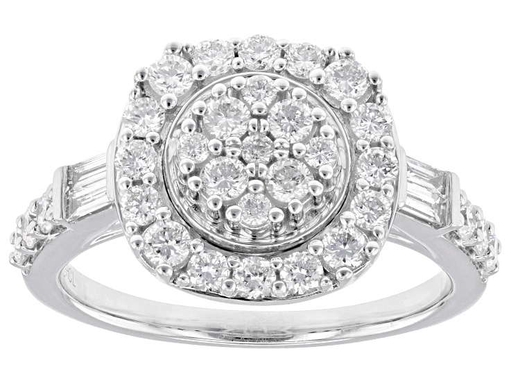 Pre-Owned Round and Baguette White Lab-Grown Diamond F-G SI Rhodium Over Sterling Silver Cluster Rin