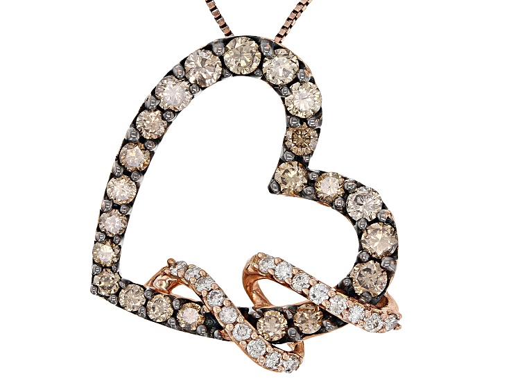 Pre-Owned Champagne And White Diamond 10k Rose Gold Heart Slide Pendant With 18" Box Chain 1.00ctw