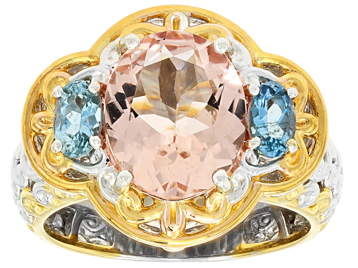 Pre-Owned Morganite & Aquamarine Rhodium/24k Yellow Gold Over Palladium Sterling Silver Ring 3.62ctw