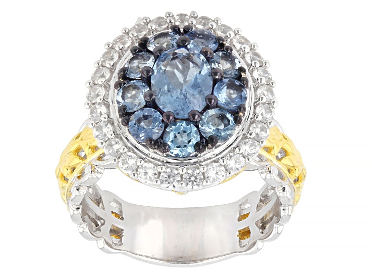 Pre-Owned Santa Maria Aquamarine, White Zircon Rhodium/24k Gold Over Palladium Sterling Silver Ring