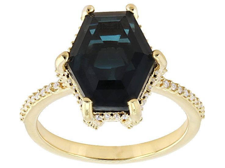 Pre-Owned Blue Indicolite Color Quartz Doublet with White Moissanite 18K Yellow Gold Over Silver Rin