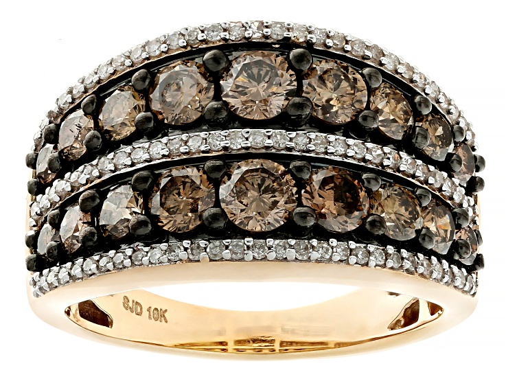 Pre-Owned Champagne And White Diamond 10k Yellow Gold Wide Band Ring 1.85ctw
