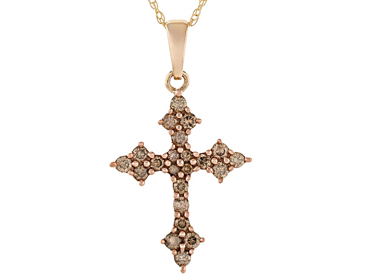 Pre-Owned Champagne Diamond 10k Yellow Gold Cross Pendant 0.60ctw