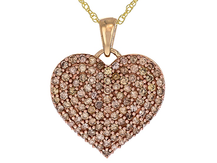 Pre-Owned Champagne Diamond 10k Yellow Gold Cluster Heat Pendant With Adjustable Rope Chain 1.40ctw