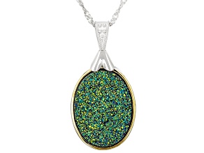 Pre-Owned Green Druzy Quartz Rhodium and 18K Yellow Gold Over Sterling Silver Pendant with Chain 21.