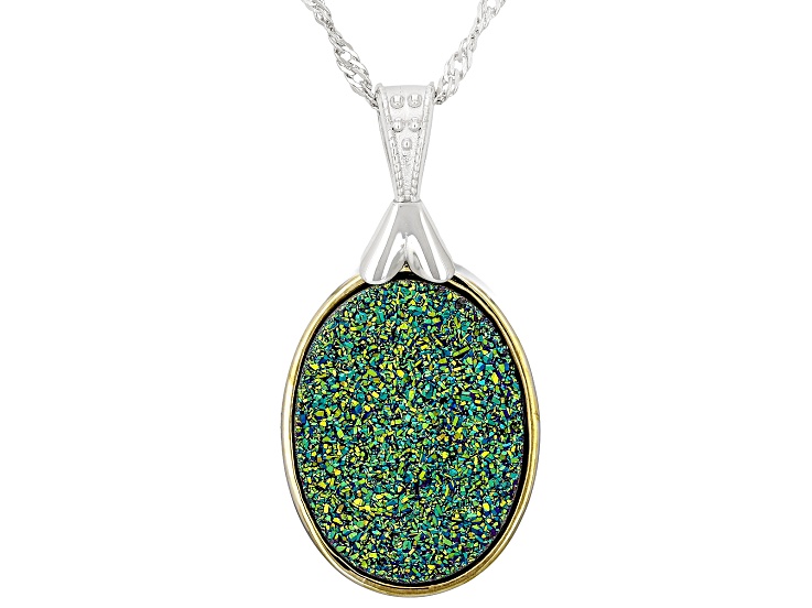 Pre-Owned Green Druzy Quartz Rhodium and 18K Yellow Gold Over Sterling Silver Pendant with Chain 21.