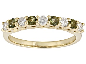 Pre-Owned Green Moldavite with White Moissanite 18K Yellow Gold over Sterling Silver Ring 0.45ctw