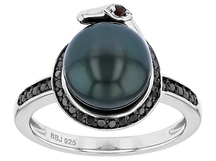 Pre-Owned Cultured Tahitian Pearl With Red Garnet with White Topaz Rhodium Over Sterling Silver Ring
