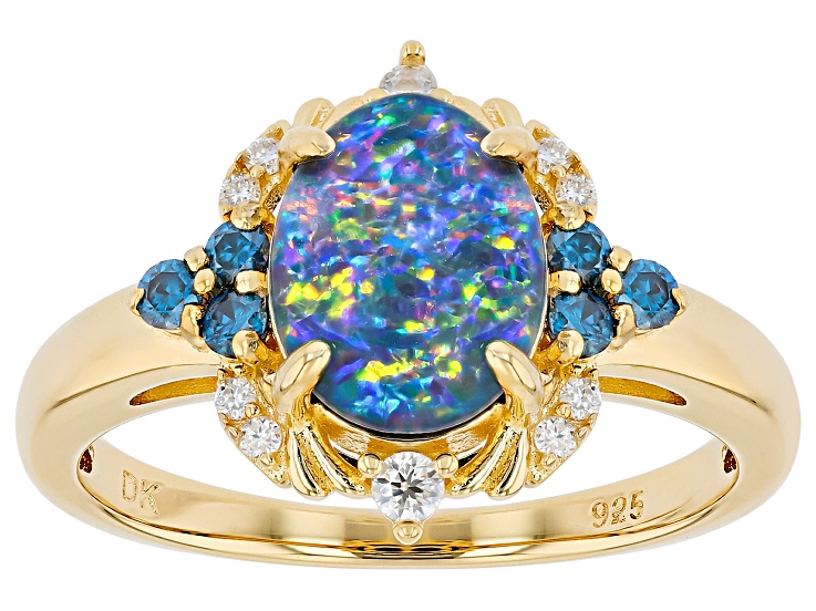 Pre-Owned Blue Australian Opal Triplet with Blue & White Moissanite 18K Gold Over Sterling Silver Ri