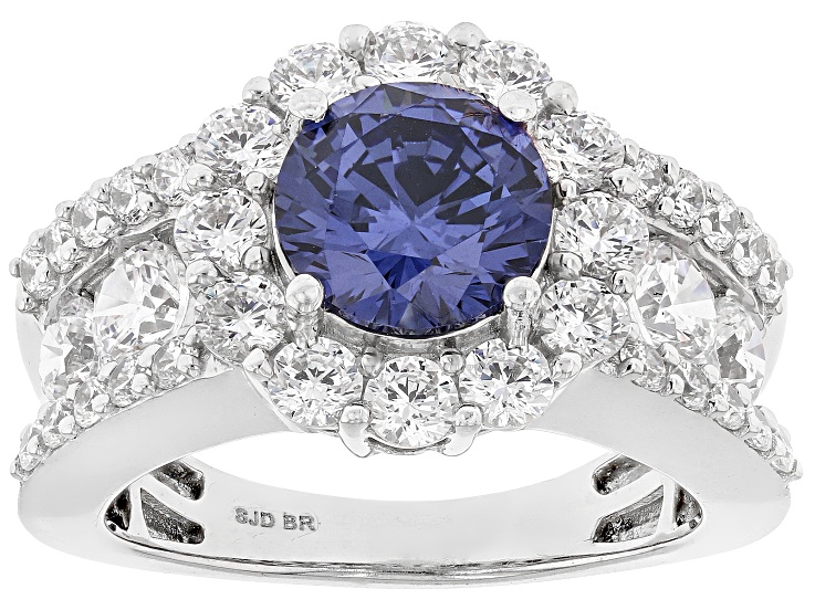 Pre-Owned Blue And White Cubic Zirconia Rhodium Plated Ottone Ring 6.80ctw