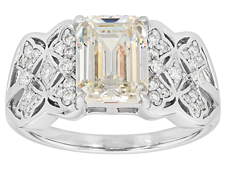 Pre-Owned Strontium Titanate With Moissanite Rhodium Over Sterling Silver Ring 3.87ctw