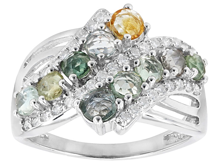 Pre-Owned Multi Color Montana Sapphire with White Moissanite Rhodium Over Silver Bypass Cluster Ring