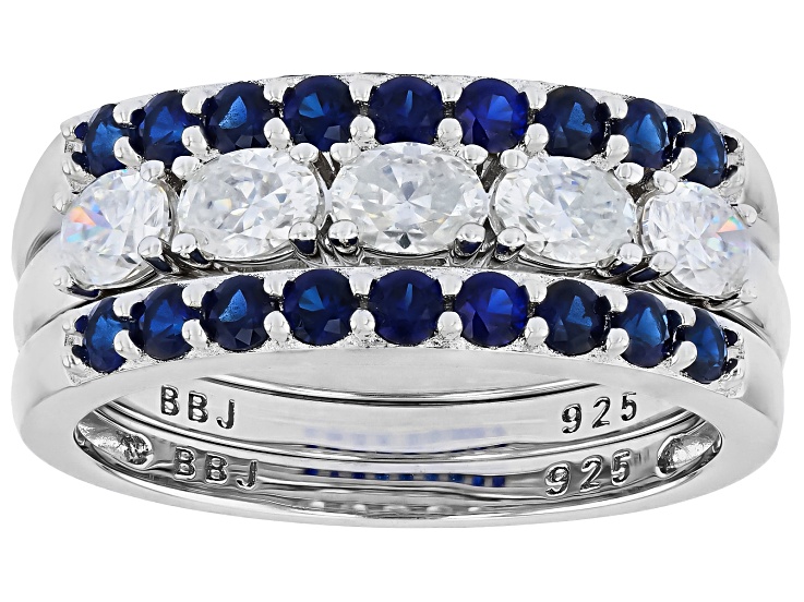 Pre-Owned Moissanite with Blue Lab Created Sapphire Platineve Set of Three Stackable Rings 0.95ctw