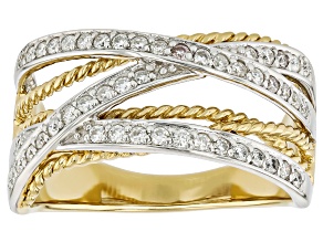 Pre-Owned Moissanite 14k Yellow Gold And Rhodium Over Sterling Silver Crossover Ring .48ctw DEW