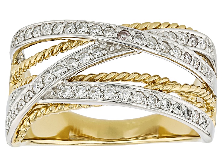 Pre-Owned Moissanite 14k Yellow Gold And Rhodium Over Sterling Silver Crossover Ring.48ctw DEW