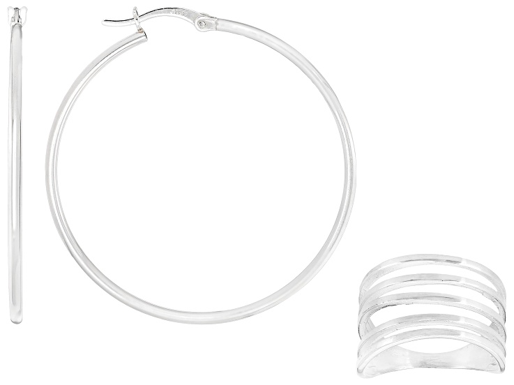 Pre-Owned Sterling Silver 1.5mm Polished Hoop Earrings with Coil Ring Set